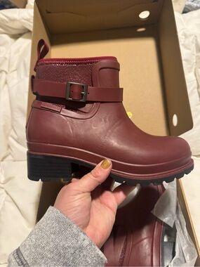 Women's Waterproof Ankle Booties in Burgundy with Buckle Detail